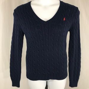 Ralph Lauren Cable Knit V-Neck Sweater Navy Size L